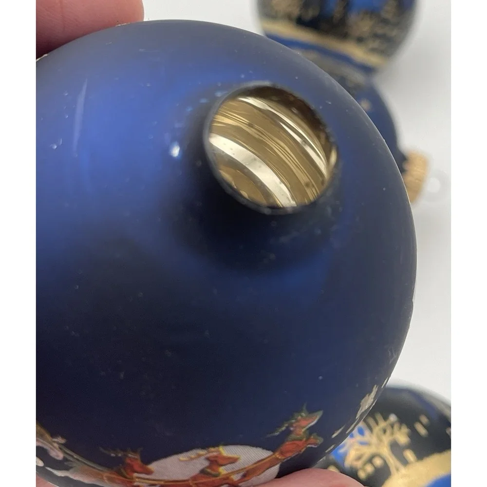 Vtg. Christmas Ornaments Krebs Set / 9 Sapphire Blue Santa's Sleigh City Skyline